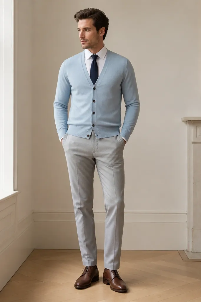 A light blue cardigan buttoned over a white shirt. A deep navy solid tie hangs straight, knot centered. Light gray trousers and brown shoes are visible.
