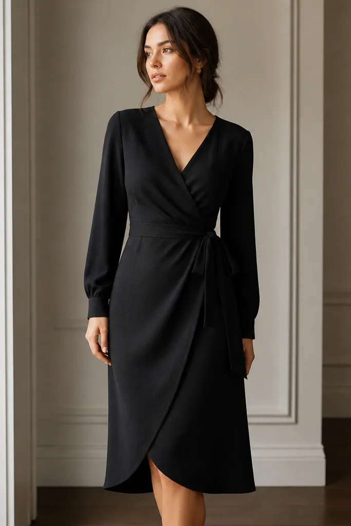 A black wrap-style formal dress on a model with a V-neck, a fitted waist seam, and a tie belt. The wrap panels overlap cleanly at the chest and cross at the torso, then fall to a midi hem. The fabric looks matte and slightly textured, with long sleeves.