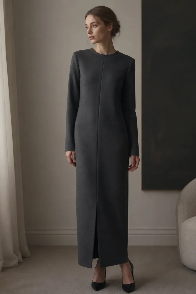 A charcoal gray formal column dress with long sleeves and a minimal, straight cut. The fabric looks thick like a winter suiting cloth. There's a subtle seam down the front and a small slit near the hem.
