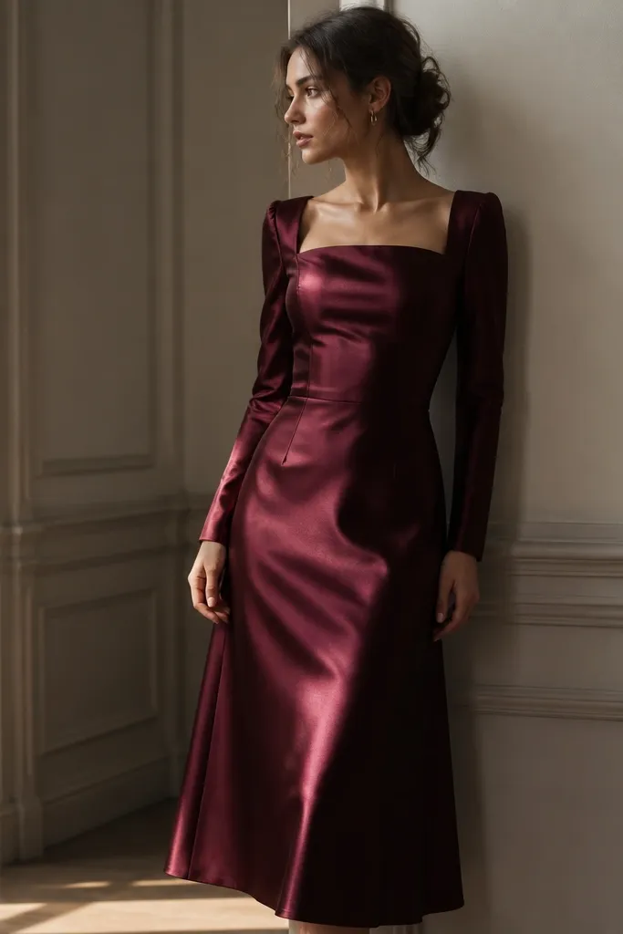 An oxblood formal dress with a straight neckline and long sleeves. The fabric has a satin sheen that catches light at an angle. The silhouette is fitted at the waist with a gentle flare at the skirt to a midi hem.