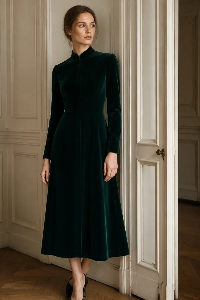 A forest green velvet formal dress with long sleeves. The front has a hidden button placket that aligns neatly down the center. The velvet has short pile with a deep color tone, and the hem is at mid-calf.