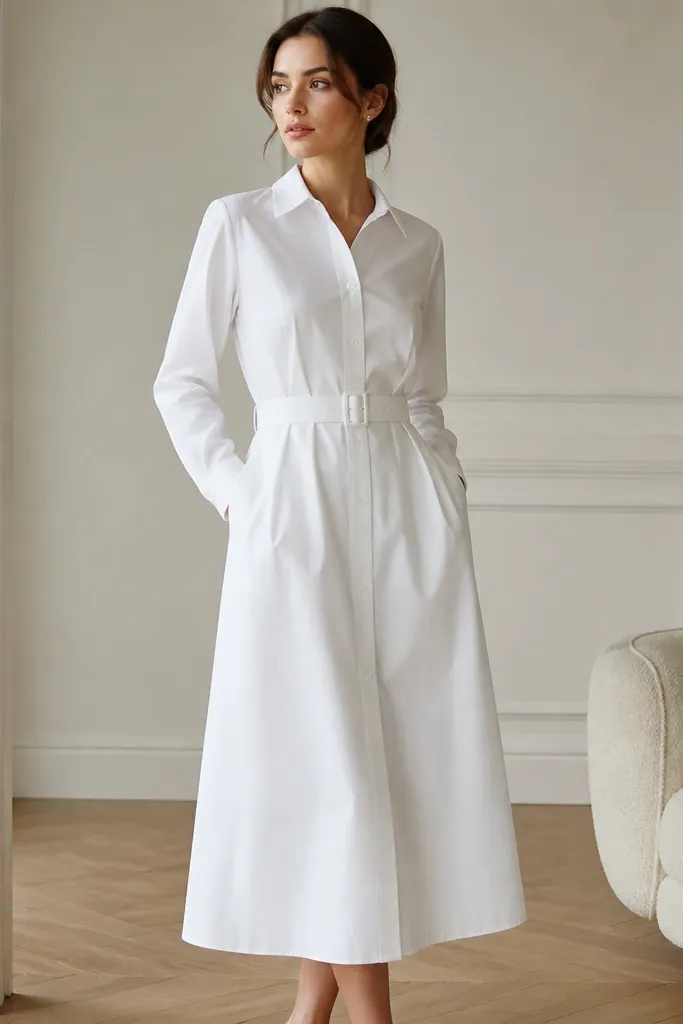 A crisp white poplin formal dress styled like a shirt dress. It has a structured collar, button-through front, long sleeves, and a belt at the waist. The skirt is straight with a slight A-line, ending around mid-calf.