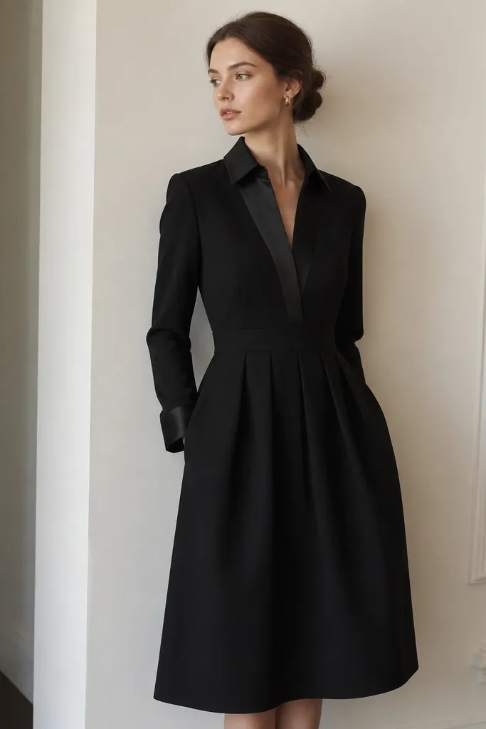 A black dress with a tuxedo-like front: satin lapels or satin-trimmed placket, a structured collar, and long sleeves. The waist is defined and the skirt falls to a knee-to-mid-calf length. The fabric looks like matte suiting.