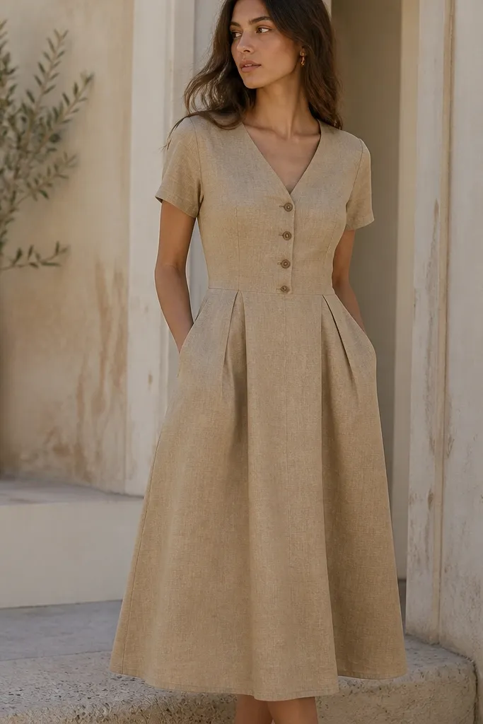 A tan linen blend formal dress with a buttoned bodice and a defined waist. It has short sleeves and a midi hem. The fabric texture is visible, with a natural matte finish and subtle slubs.