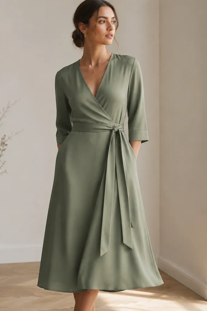 A sage green wrap dress with a V-neck and long belt ends that hang down the front. The fabric looks like a smooth woven with a slight sheen. The hem is midi and the sleeves are three-quarter length.