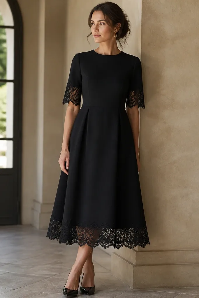 A black midi dress with lace trim along the sleeves and hem. The dress has a modest neckline and a full lining that looks opaque. The lace appears delicate but the overall fabric is structured and not see-through.