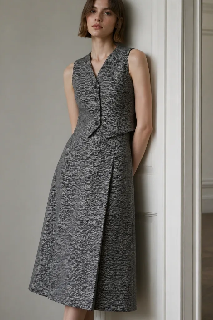 A grey herringbone formal dress that is sleeveless, paired with a buttoned vest layer. The dress has a structured waist seam and a midi hem. The herringbone pattern is visible and the fabric looks thick like suit cloth.