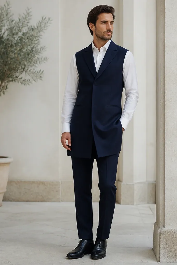 A man wearing a navy wool blazer-style vest that is longer than usual, extending toward the mid-thigh; white dress shirt; matching navy trousers; black Oxford shoes; the vest has clean welt pockets and no loud patterns.