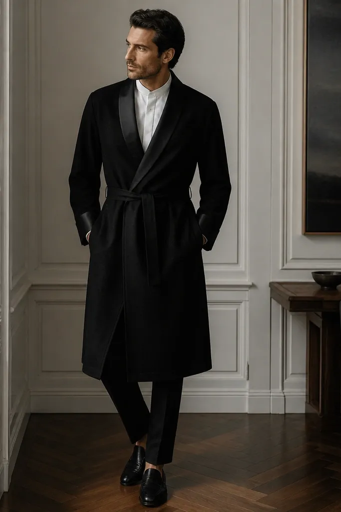 A man in a black robe-coat with a wrap front and satin trim along the collar and cuffs; white structured shirt underneath; black trousers; black loafers; the robe belt is tied at the natural waist.