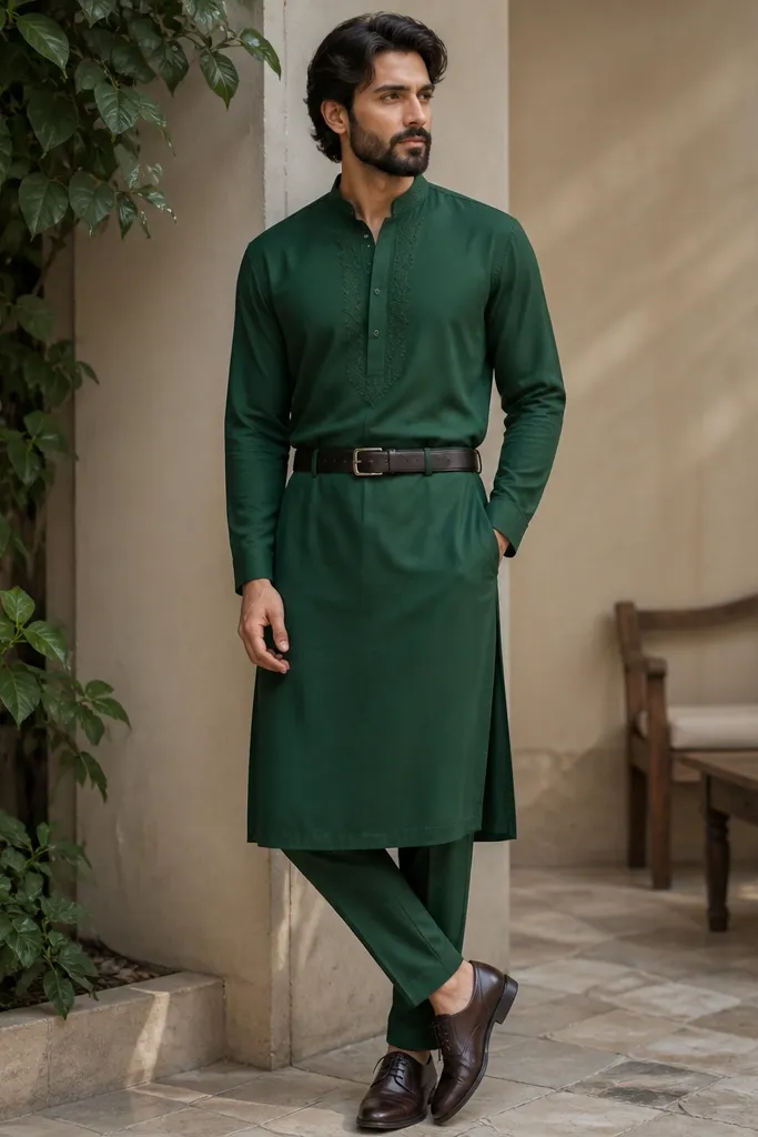 A man wearing an emerald green long tunic that reaches mid-calf, with a stand collar and subtle tonal embroidery near the placket; matching tapered trousers; black leather belt; dark brown dress shoes.