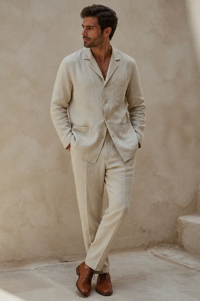 A man wearing a stone-colored linen long shirt jacket over matching linen trousers; the jacket has a relaxed collar and a single-breasted front; no tie; tan leather sandals are not present - shoes are white sneakers replaced by tan leather oxfords.