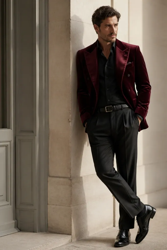 A man wearing a burgundy velvet blazer with peak lapels; the blazer has a subtle sheen from velvet texture; charcoal dress trousers; black patent-leather belt buckle; black dress shoes.