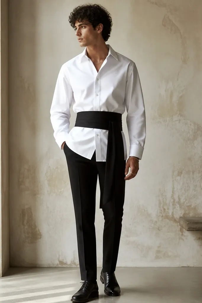 A man in a crisp white poplin shirt with long sleeves, styled with a wide black sash belt at the waist over the shirt; slim black trousers; black leather shoes; minimal jewelry.