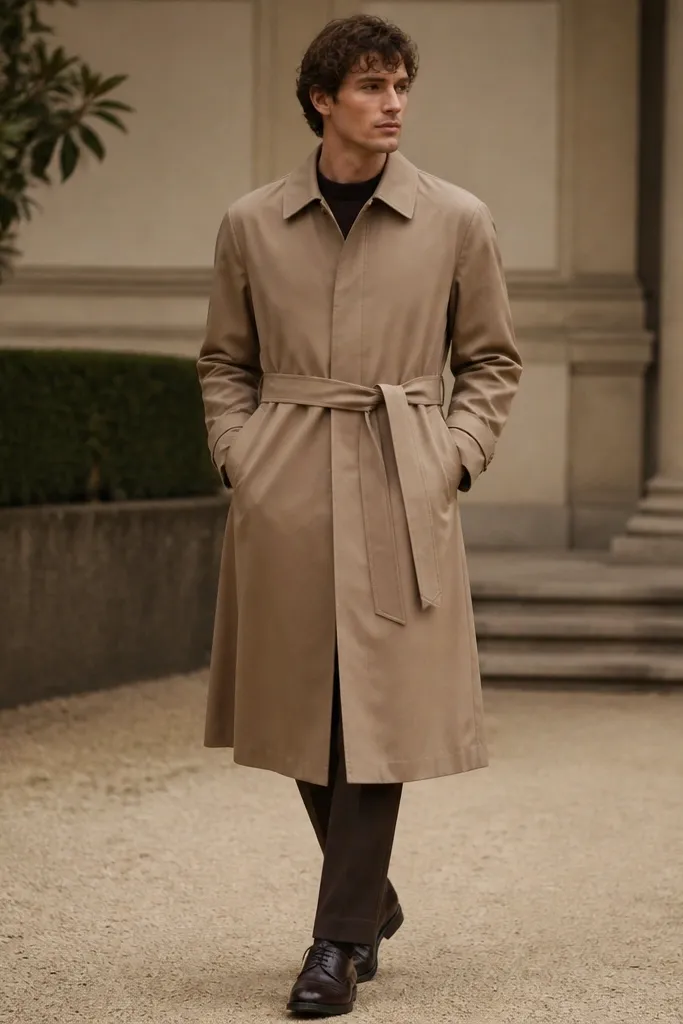 A man wearing a tan trench-style coat with a long hem, a clean collar, and a hidden button placket; a dark sweater is underneath; matching tan belt tied at the waist; dark brown oxford shoes.