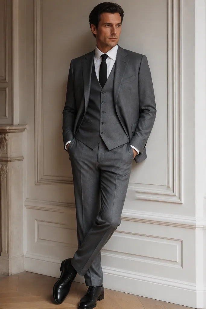 A man in a steel grey three-piece suit: long waistcoat with a tie-back detail at the back waist, matching trousers, and a tailored jacket; white shirt; slim black tie; black leather shoes.