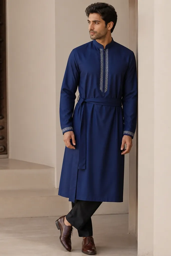 A man wearing a royal blue kurta that falls to mid-calf, with small silver thread embroidery along the chest placket and sleeves; a matching fabric belt; black tapered trousers; dark brown dress shoes.