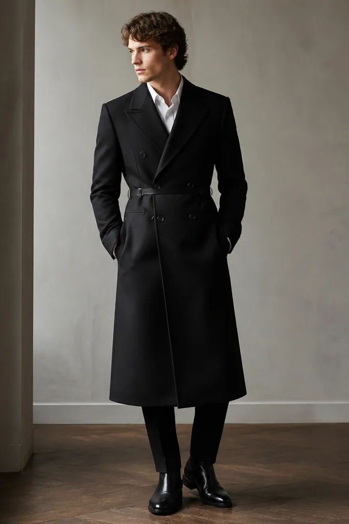 A man in a black longline double-breasted blazer that ends around mid-calf; the blazer has a subtle belt at the waist; white shirt; black trousers; polished black leather boots.