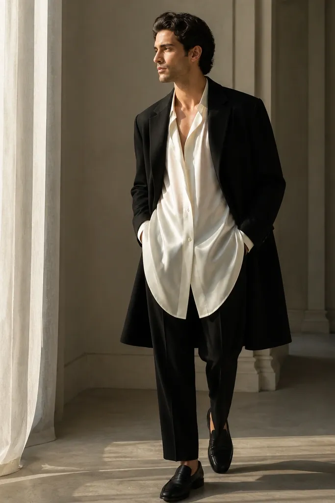 A man wearing an ivory satin-look button-up shirt with a longer hem, styled as a dress-like tunic; he has a tailored black overcoat worn open; black trousers; black loafers.