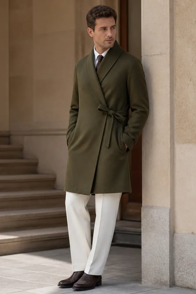 A man wearing an olive wrap-style wool coat with a tie closure; white tailored trousers; dark brown leather shoes; the coat has a simple shawl collar and clean seams.