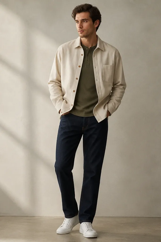 A model wearing an olive-green long-sleeve henley shirt, layered under an oatmeal-beige overshirt with visible buttons, paired with dark straight-leg jeans and clean white low-top sneakers.
