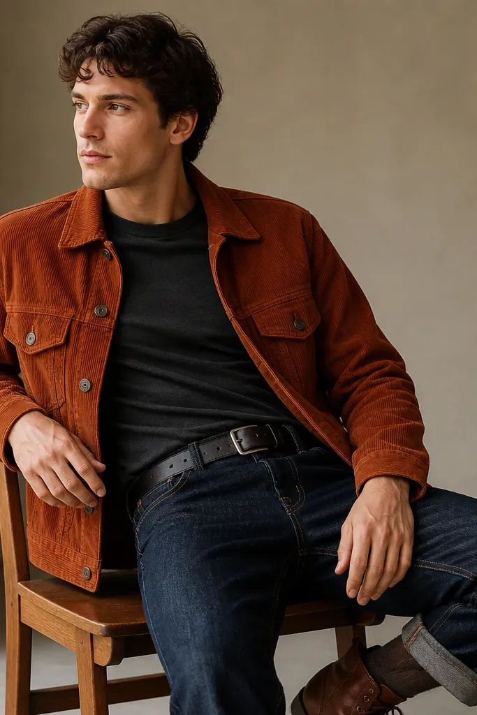 A model in a charcoal crew-neck tee under a rust-orange corduroy jacket, paired with dark indigo denim jeans and black leather-buckle belt, with brown boots in the frame.