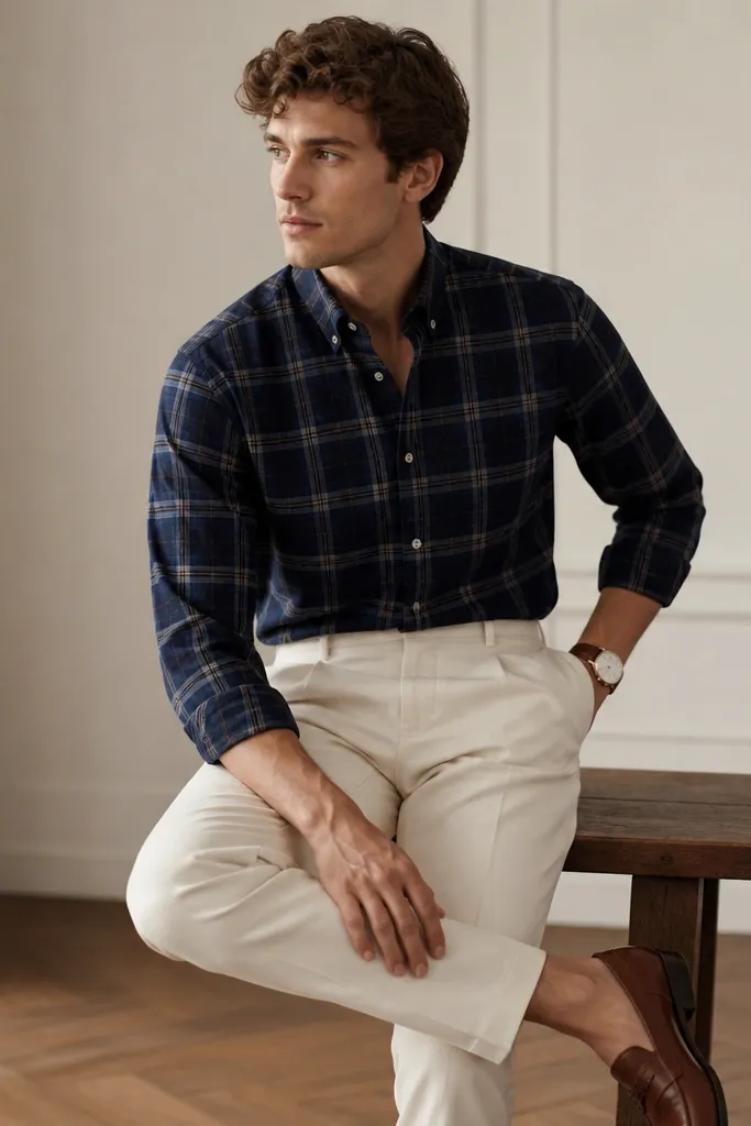 A model wearing a navy plaid flannel button-down, tucked into light cream chinos, with a brown leather loafer and a simple wristwatch visible.