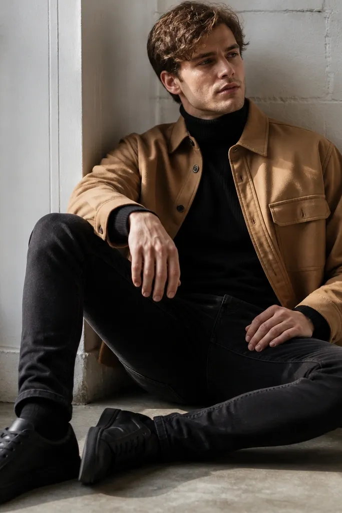 A model in a black turtleneck sweater layered under a camel-brown overshirt, wearing black jeans and black sneakers with a low profile.