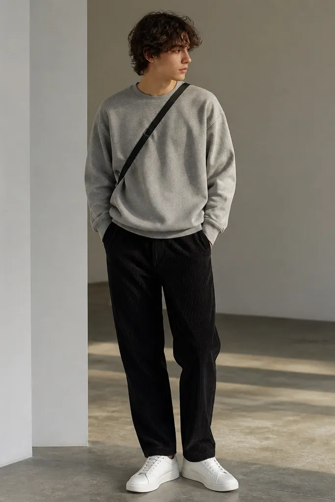 A model wearing a heather-grey sweatshirt, paired with black corduroy pants, and white low-top sneakers; a crossbody bag strap is visible.