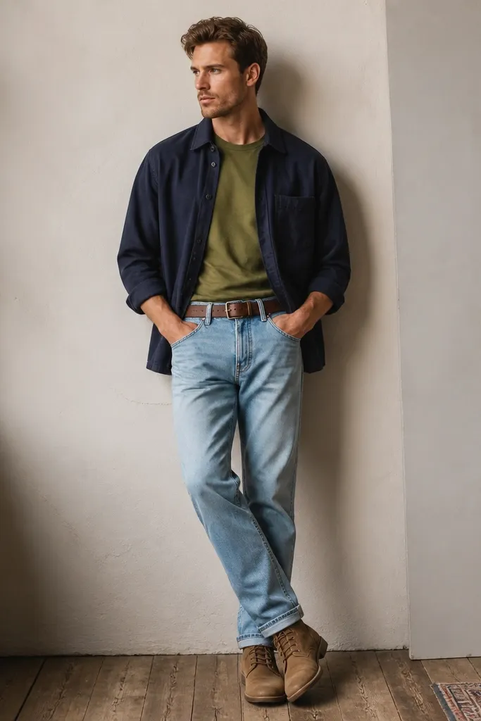 A model in an olive short-sleeve tee under a navy overshirt, with light wash jeans and brown leather belt; footwear is tan boots.