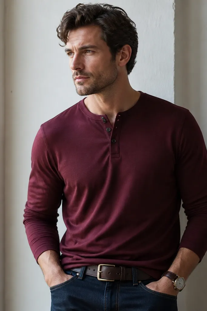 A model wearing a burgundy long-sleeve henley with a 2-button placket, paired with navy jeans and a dark brown leather belt; a simple leather watch is visible.