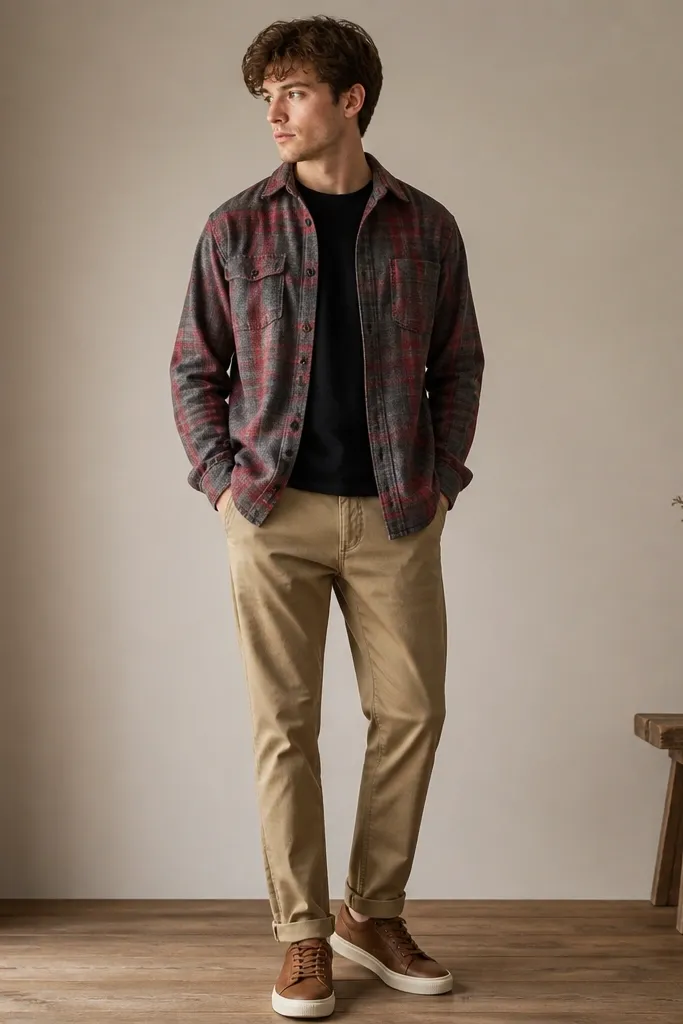 A model wearing a plaid flannel overshirt in muted red and grey over a black crew tee, paired with tan chinos and clean brown sneakers.