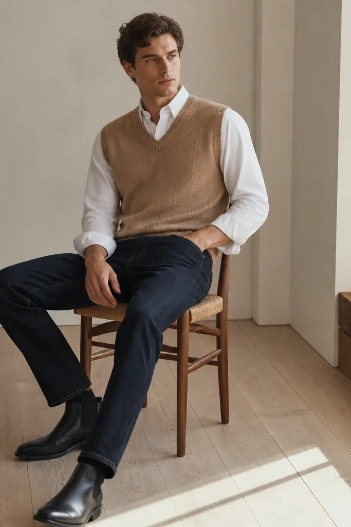 A model wearing a camel sweater vest over a white Oxford button-down, with the shirt sleeves visible at the cuffs, paired with dark jeans and black boots.