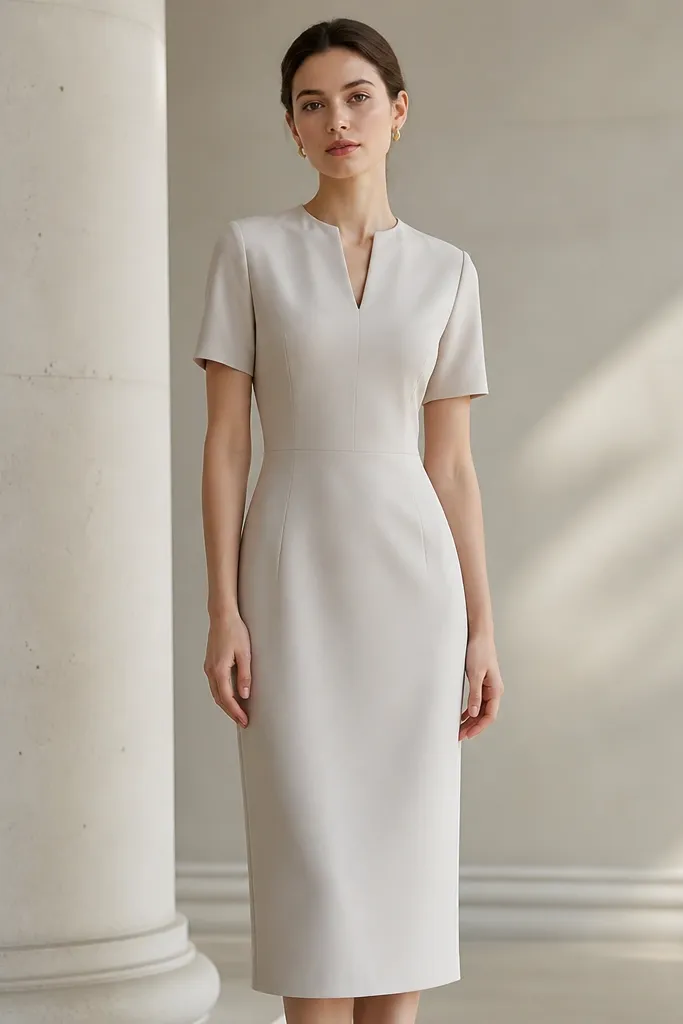 A light stone/beige crepe column dress with a subtle notch collar, short sleeves, and a straight skirt; the fabric looks matte with crisp edges.