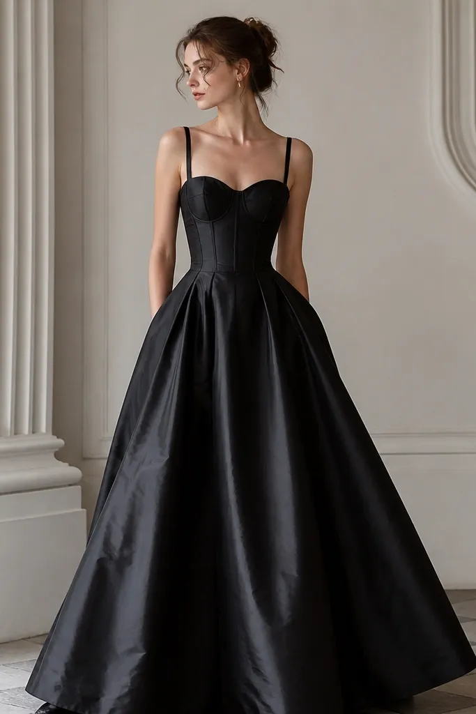A black taffeta formal dress with a corset-like bodice, visible seam shaping, and a full skirt that holds volume without looking puffy.
