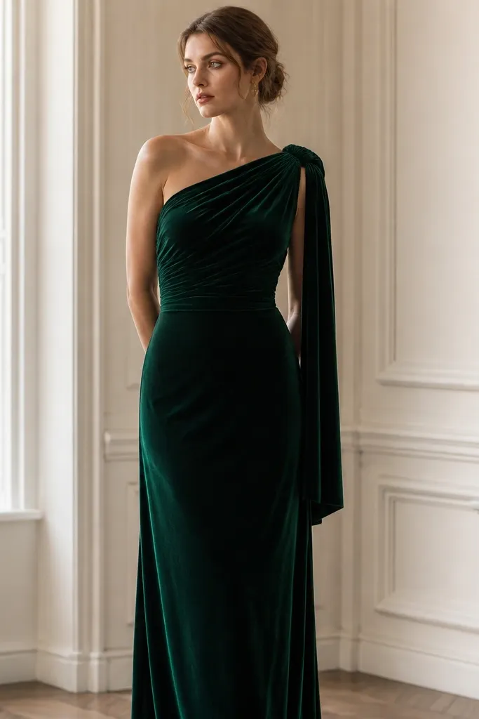 A deep emerald green velvet one-shoulder formal dress with a draped shoulder detail and a straight, long skirt; velvet pile catches light softly.
