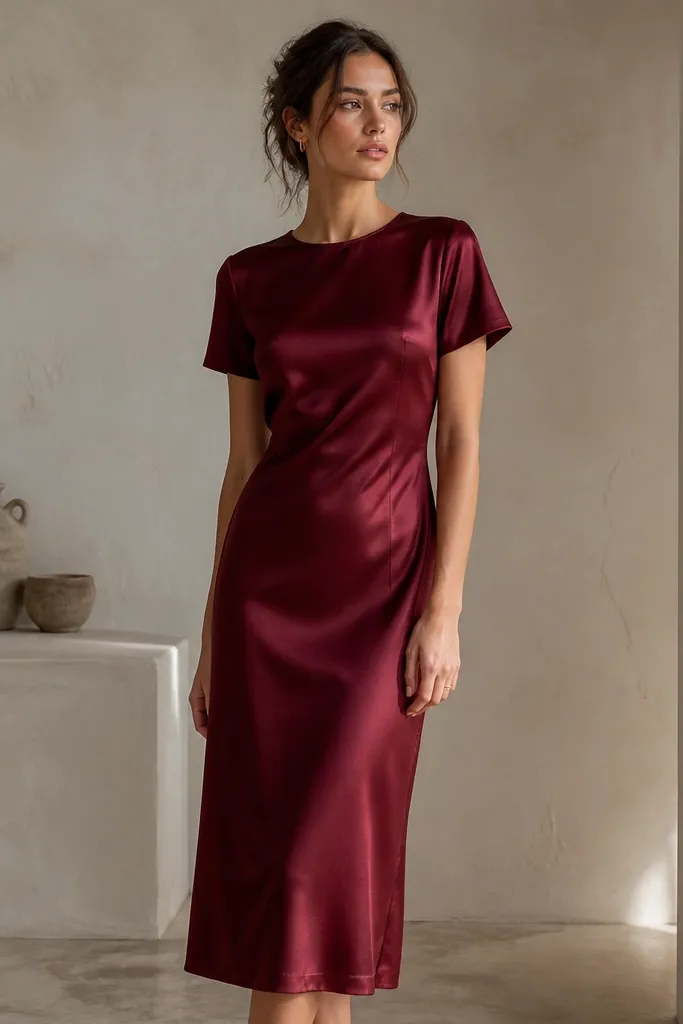 A burgundy satin midi dress with a crew neckline, short sleeves, and a mid-calf hem; the fabric sheen is smooth and controlled.