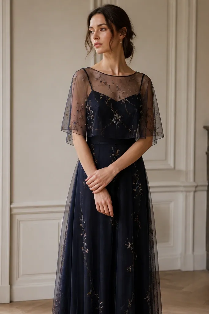 A navy slip dress with a sheer organza overlay covered in small embroidery; the overlay drapes over shoulders and upper torso; long skirt underneath.