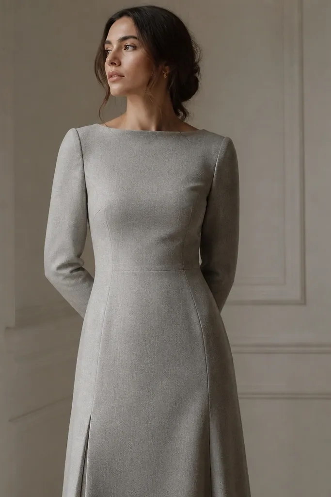 A light grey wool blend dress with a tailored bodice, long sleeves, and subtle side vents at the hem; matte fabric with a slight texture.