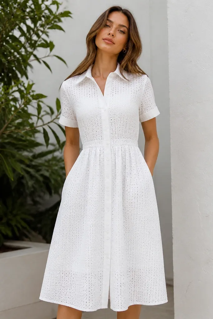 A white eyelet shirt dress with a button front, short sleeves, and a knee-to-mid-calf length skirt; the eyelet pattern is uniform and delicate.