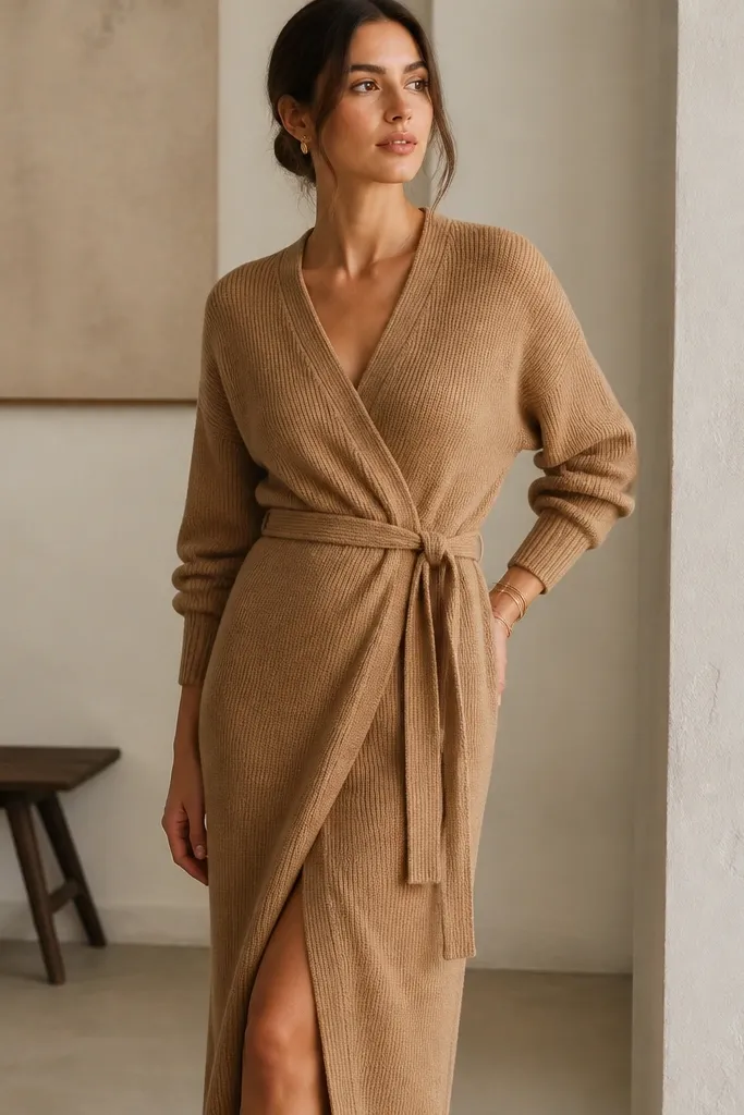 A camel knit midi dress with a wrap-style front, tie at the waist, and ribbed cuffs; fabric looks thick and soft with visible knit texture.