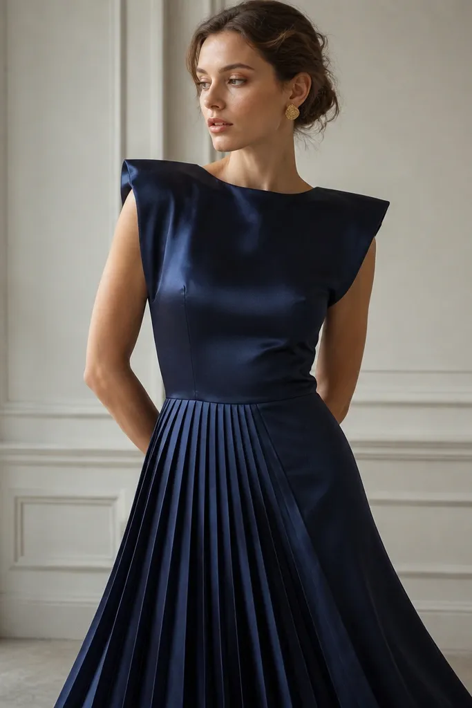 A navy satin dress with boxy structured shoulders, a pleated skirt panel, and a smooth bodice; the pleats catch light in clean lines.