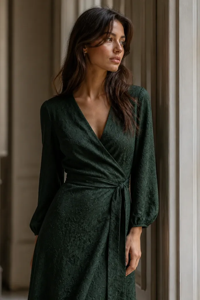 A forest green jacquard wrap dress with a V-shaped wrap front, long sleeves, and a textured woven pattern visible in the fabric.
