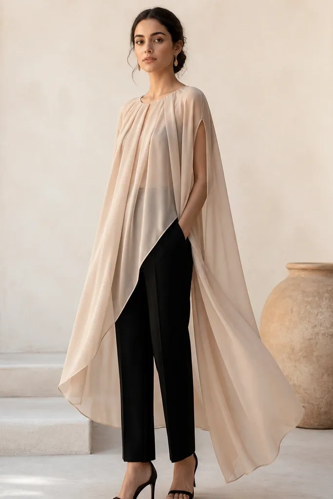 A nude-beige chiffon cape-like dress worn over tailored black trousers; the chiffon drapes from shoulders with a soft, flowing front.