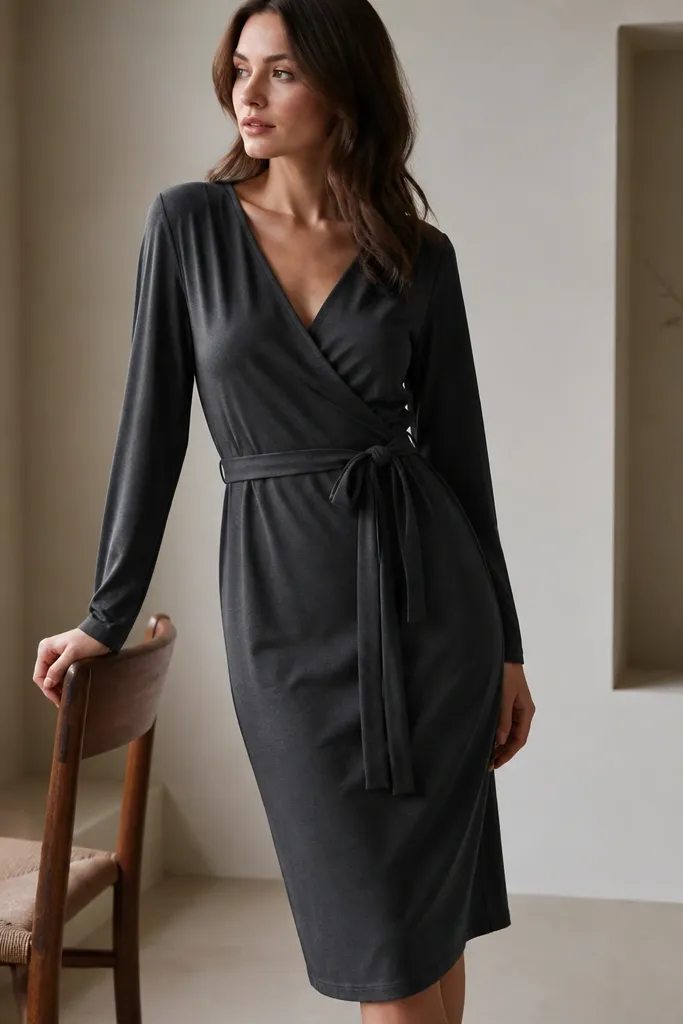 A charcoal gray wrap-style dress with a defined V-neck, long sleeves, and a fabric belt tied at the waist. The skirt falls straight to just below the knee, with a smooth drape and no visible sheen.