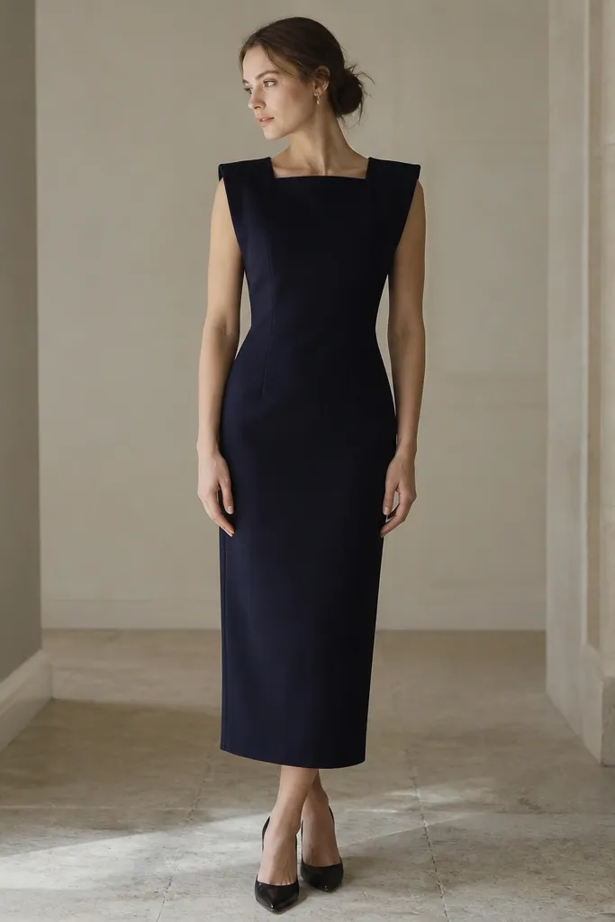 A deep navy, near-black column dress with a straight neckline and subtle shoulder structure. The fabric looks dense and matte, and the hem reaches mid-calf.