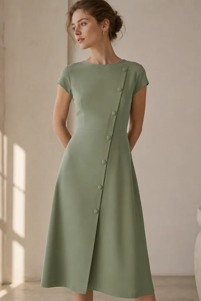 A sage green midi dress with a satin-backed crepe surface, an asymmetrical button front, and a high waist seam. The skirt is slightly A-line and falls to mid-calf.