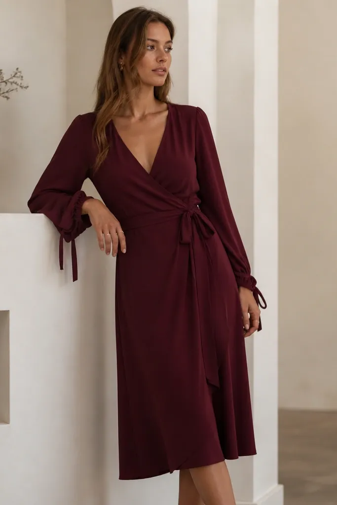 A deep burgundy wrap dress with a V-neck and long sleeves that end in tie details. The waist is defined with a matching tie belt, and the skirt falls to mid-calf.