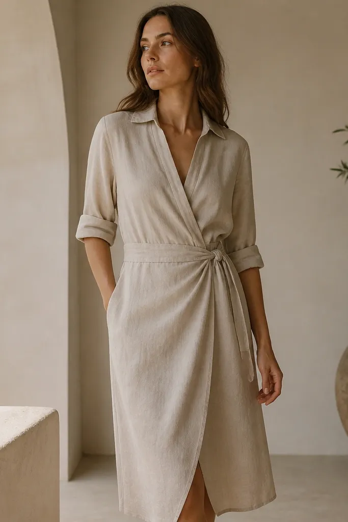 An oatmeal linen-blend shirt dress with a wrap-style front and a defined waist. The sleeves are rolled to just below the elbow, and the fabric has a visible natural texture.