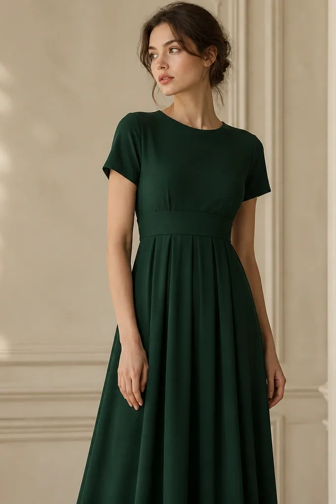 A forest green crepe dress with a higher empire waist seam and a wide belt at the bust. The neckline is round, sleeves are short, and the skirt falls in soft folds.