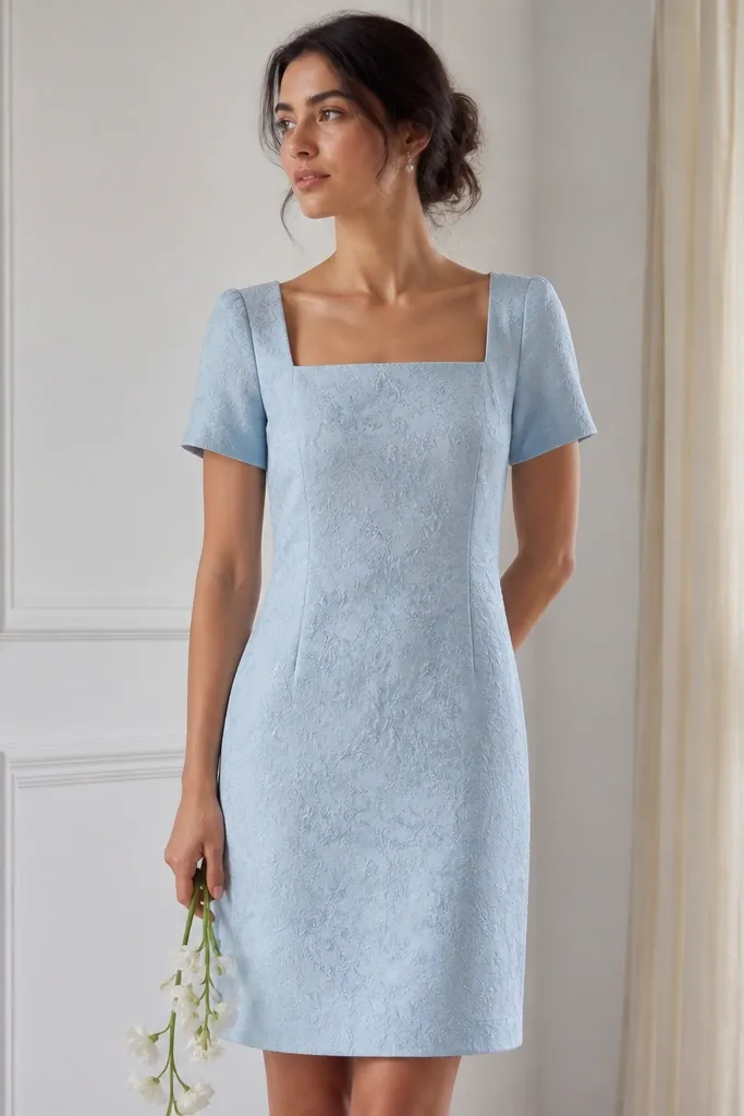 A light blue dress with a square neckline and subtle jacquard texture. The dress is knee-length with short sleeves and a straight skirt.